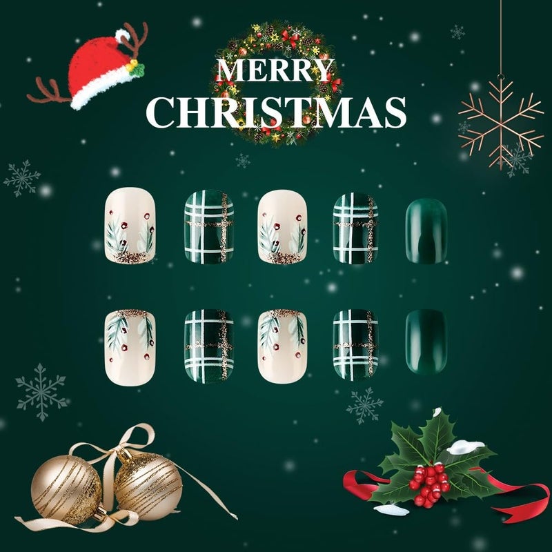 HJKDSFD Christmas Green Press on Nails Short Square Acrylic Nails Press on Winter Fake Nails with Gold Glitter Stripes Designs Full Cover Glue on Nails Xmas Glossy Artificial False Nails for Women 24Pcs - Image 3